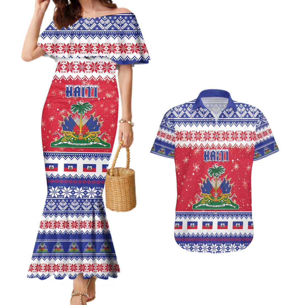 Haiti Christmas Couples Matching Mermaid Dress and Hawaiian Shirt Coat Of Arms Jwaye Nwel - Wonder Print Shop