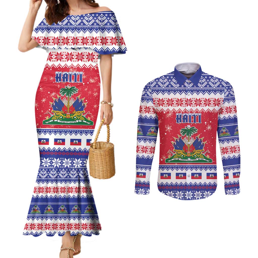 Haiti Christmas Couples Matching Mermaid Dress and Long Sleeve Button Shirt Coat Of Arms Jwaye Nwel - Wonder Print Shop