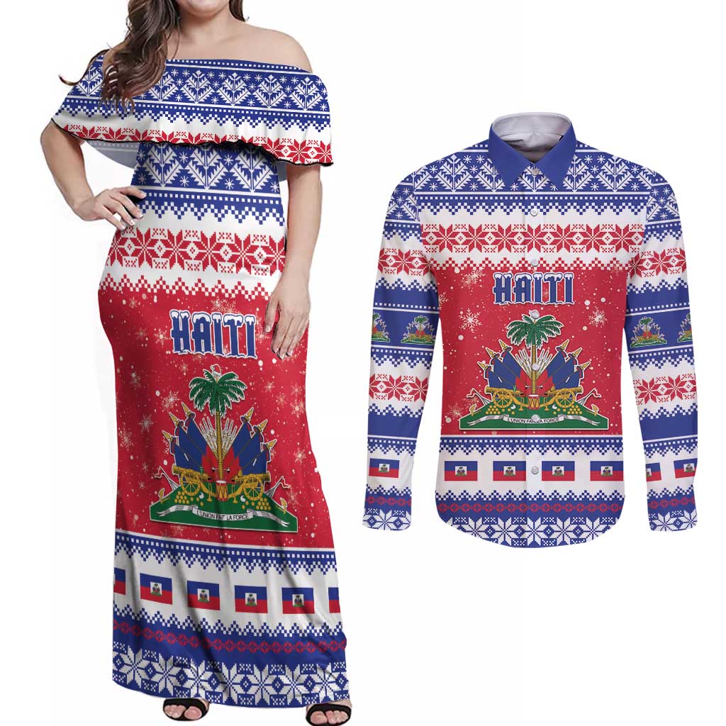 Haiti Christmas Couples Matching Off Shoulder Maxi Dress and Long Sleeve Button Shirt Coat Of Arms Jwaye Nwel - Wonder Print Shop