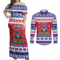Haiti Christmas Couples Matching Off Shoulder Maxi Dress and Long Sleeve Button Shirt Coat Of Arms Jwaye Nwel - Wonder Print Shop
