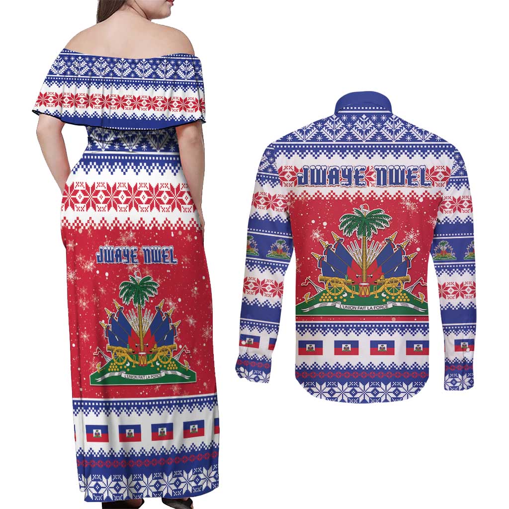 Haiti Christmas Couples Matching Off Shoulder Maxi Dress and Long Sleeve Button Shirt Coat Of Arms Jwaye Nwel - Wonder Print Shop