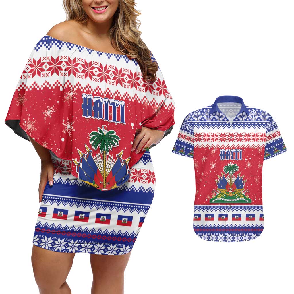 Haiti Christmas Couples Matching Off Shoulder Short Dress and Hawaiian Shirt Coat Of Arms Jwaye Nwel - Wonder Print Shop