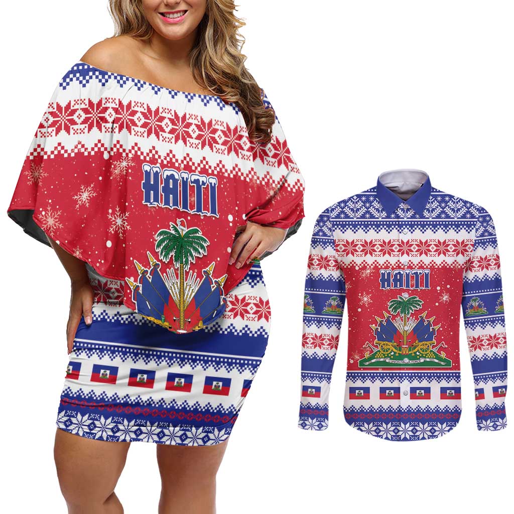 Haiti Christmas Couples Matching Off Shoulder Short Dress and Long Sleeve Button Shirt Coat Of Arms Jwaye Nwel - Wonder Print Shop