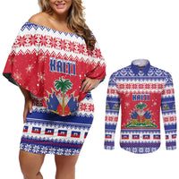 Haiti Christmas Couples Matching Off Shoulder Short Dress and Long Sleeve Button Shirt Coat Of Arms Jwaye Nwel - Wonder Print Shop