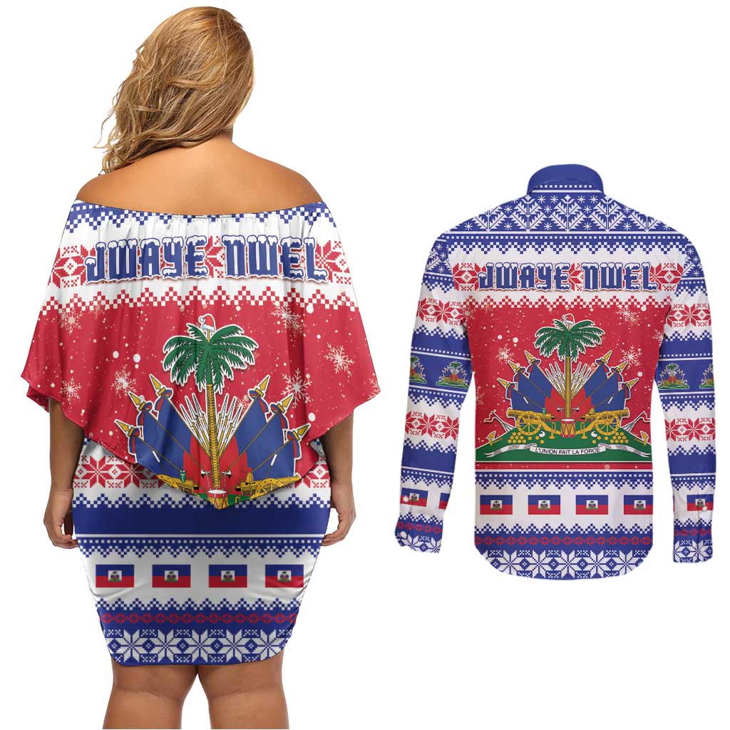 Haiti Christmas Couples Matching Off Shoulder Short Dress and Long Sleeve Button Shirt Coat Of Arms Jwaye Nwel - Wonder Print Shop
