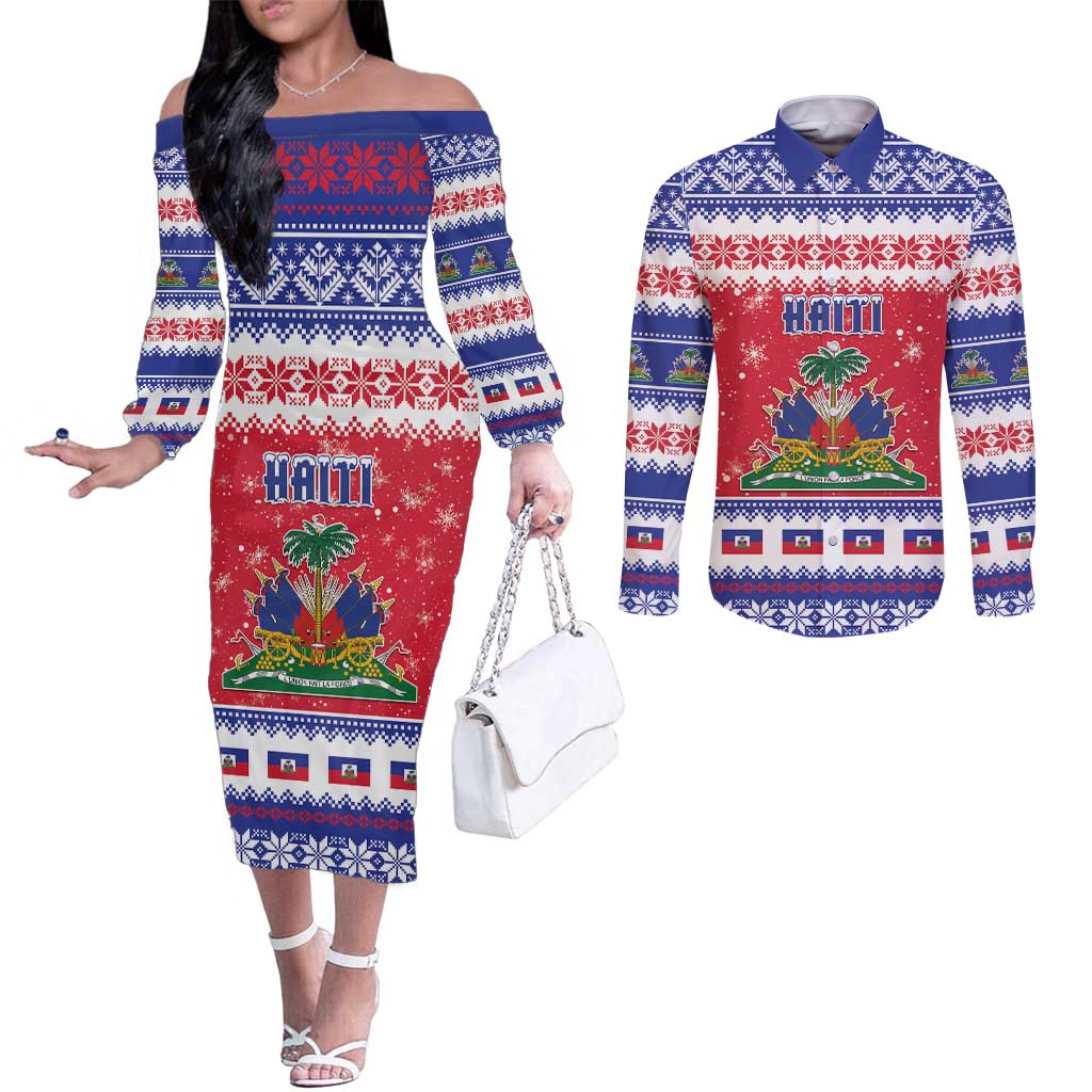 Haiti Christmas Couples Matching Off The Shoulder Long Sleeve Dress and Long Sleeve Button Shirt Coat Of Arms Jwaye Nwel - Wonder Print Shop
