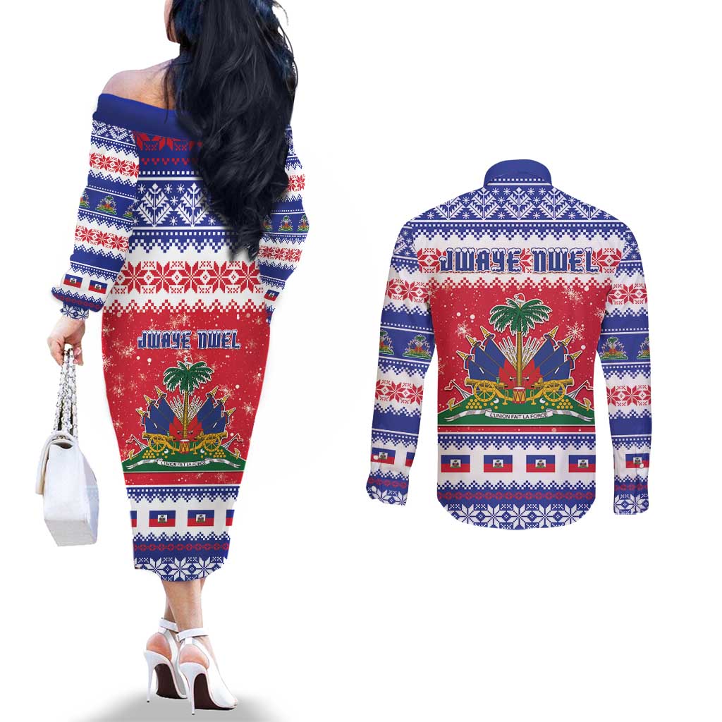 Haiti Christmas Couples Matching Off The Shoulder Long Sleeve Dress and Long Sleeve Button Shirt Coat Of Arms Jwaye Nwel - Wonder Print Shop