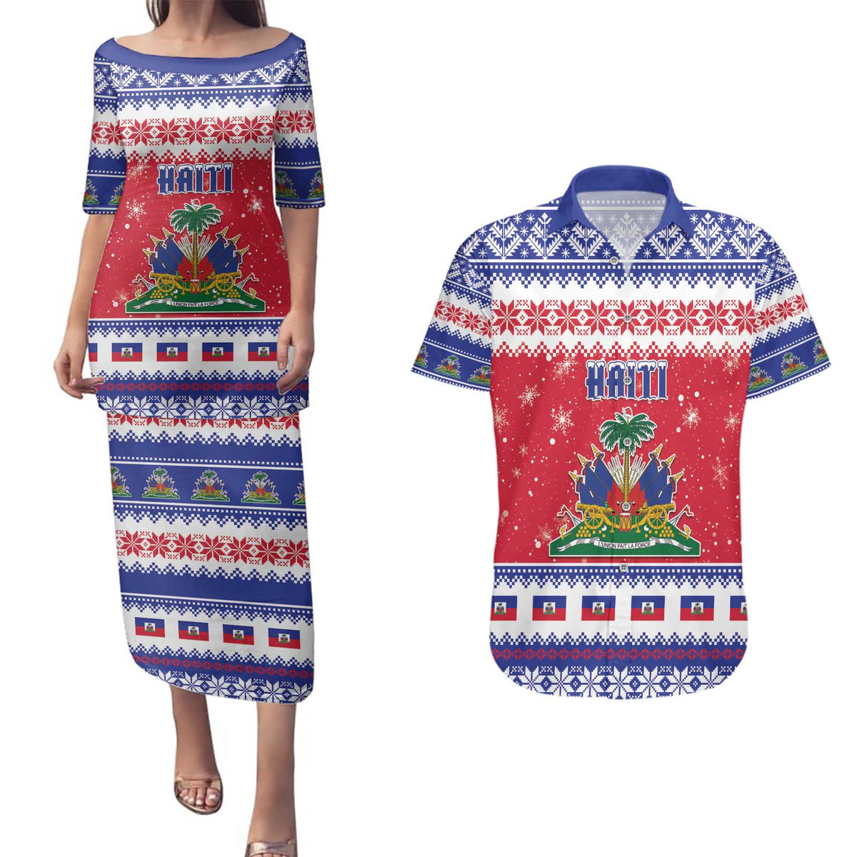 Haiti Christmas Couples Matching Puletasi and Hawaiian Shirt Coat Of Arms Jwaye Nwel - Wonder Print Shop