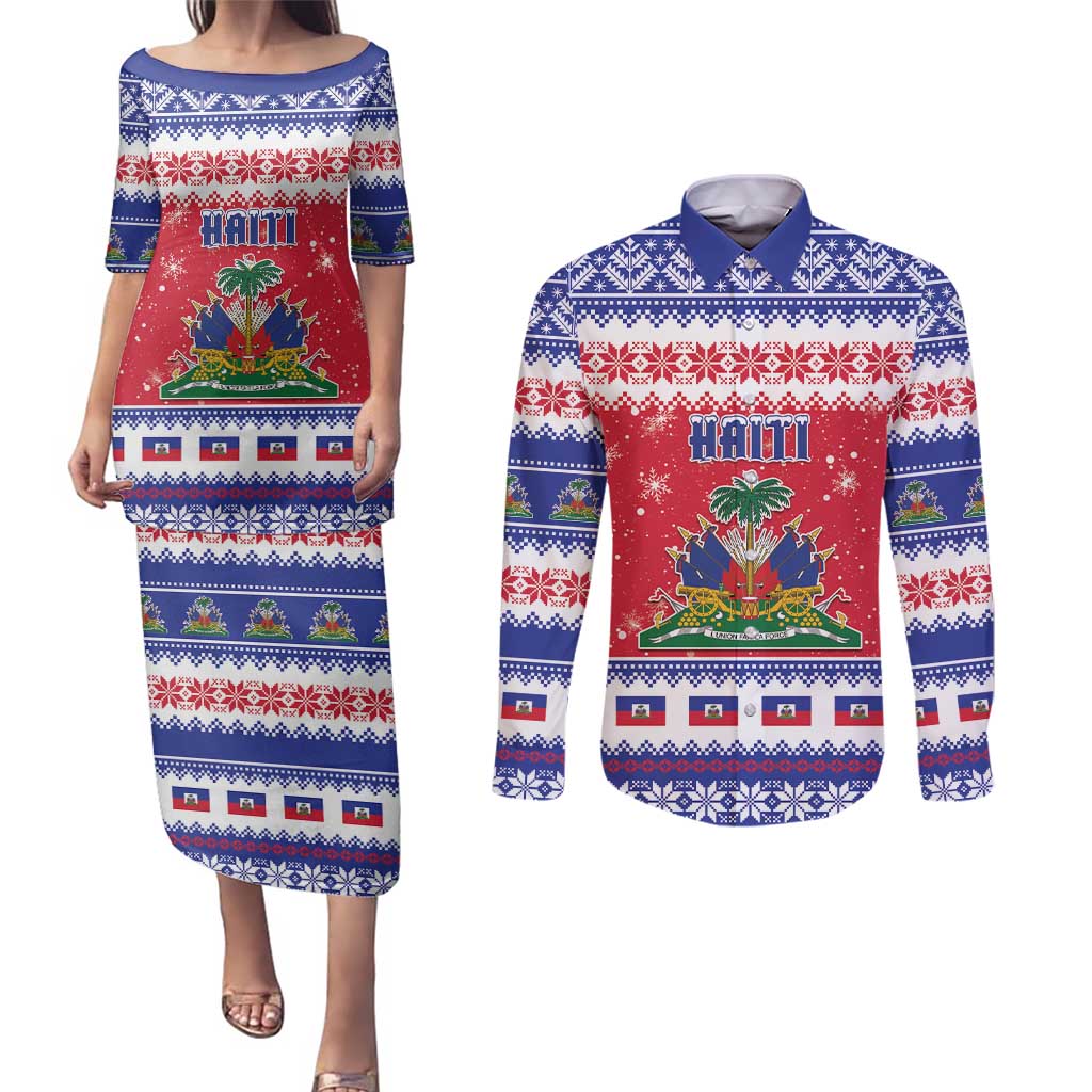 Haiti Christmas Couples Matching Puletasi and Long Sleeve Button Shirt Coat Of Arms Jwaye Nwel - Wonder Print Shop
