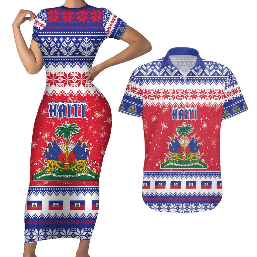 Haiti Christmas Couples Matching Short Sleeve Bodycon Dress and Hawaiian Shirt Coat Of Arms Jwaye Nwel - Wonder Print Shop