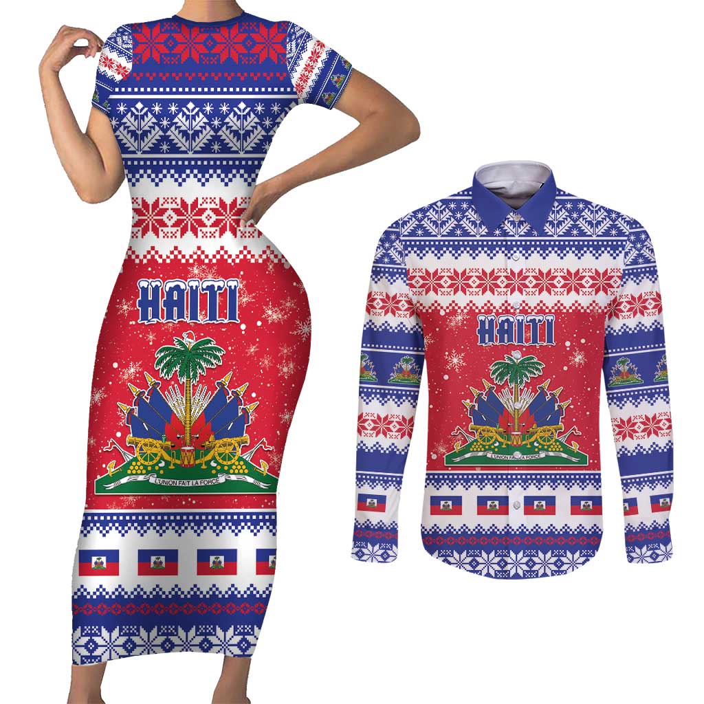 Haiti Christmas Couples Matching Short Sleeve Bodycon Dress and Long Sleeve Button Shirt Coat Of Arms Jwaye Nwel - Wonder Print Shop
