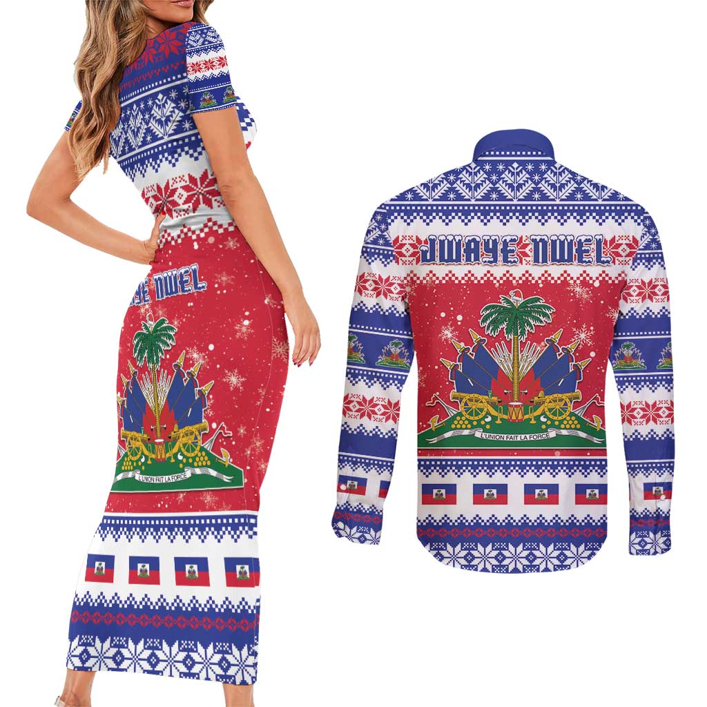 Haiti Christmas Couples Matching Short Sleeve Bodycon Dress and Long Sleeve Button Shirt Coat Of Arms Jwaye Nwel - Wonder Print Shop