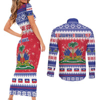 Haiti Christmas Couples Matching Short Sleeve Bodycon Dress and Long Sleeve Button Shirt Coat Of Arms Jwaye Nwel - Wonder Print Shop