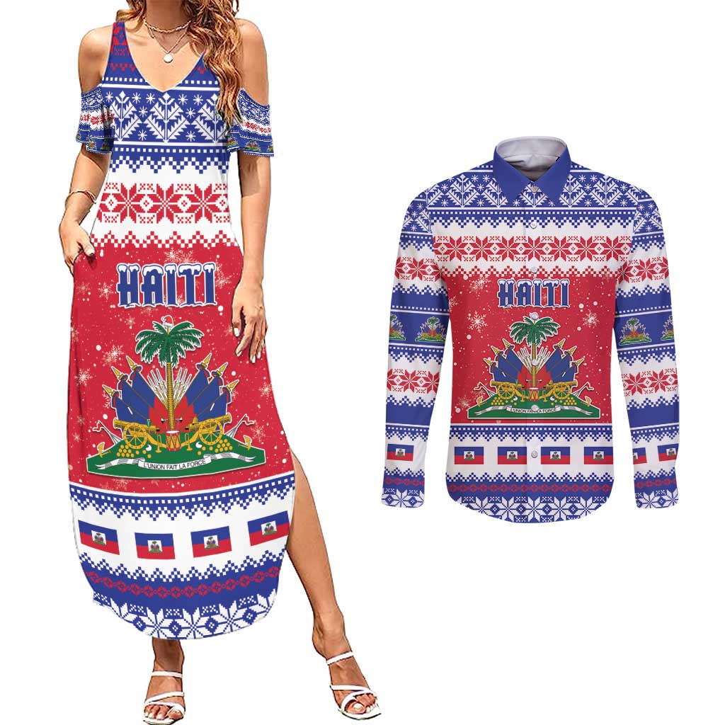 Haiti Christmas Couples Matching Summer Maxi Dress and Long Sleeve Button Shirt Coat Of Arms Jwaye Nwel - Wonder Print Shop