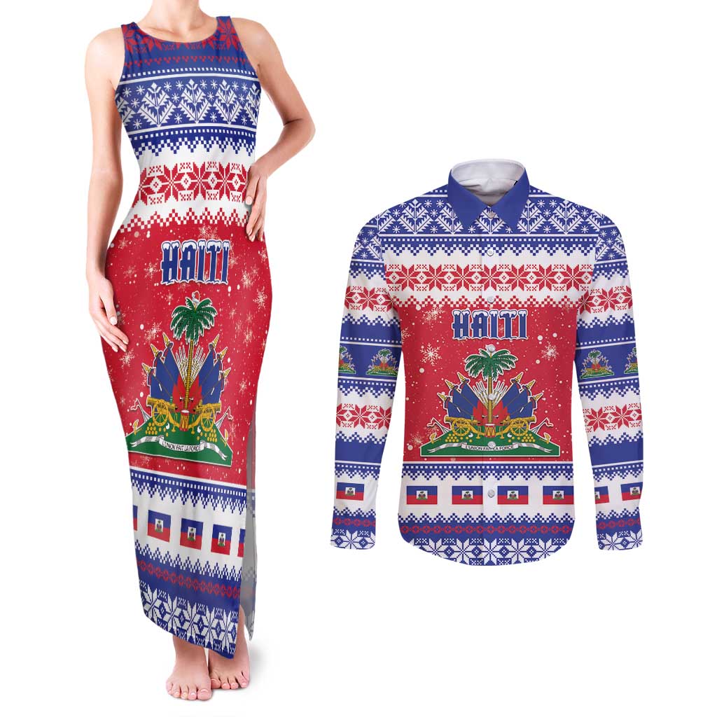 Haiti Christmas Couples Matching Tank Maxi Dress and Long Sleeve Button Shirt Coat Of Arms Jwaye Nwel - Wonder Print Shop