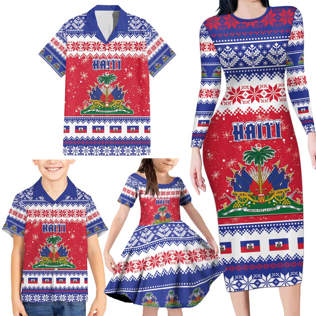 Haiti Christmas Family Matching Long Sleeve Bodycon Dress and Hawaiian Shirt Coat Of Arms Jwaye Nwel - Wonder Print Shop