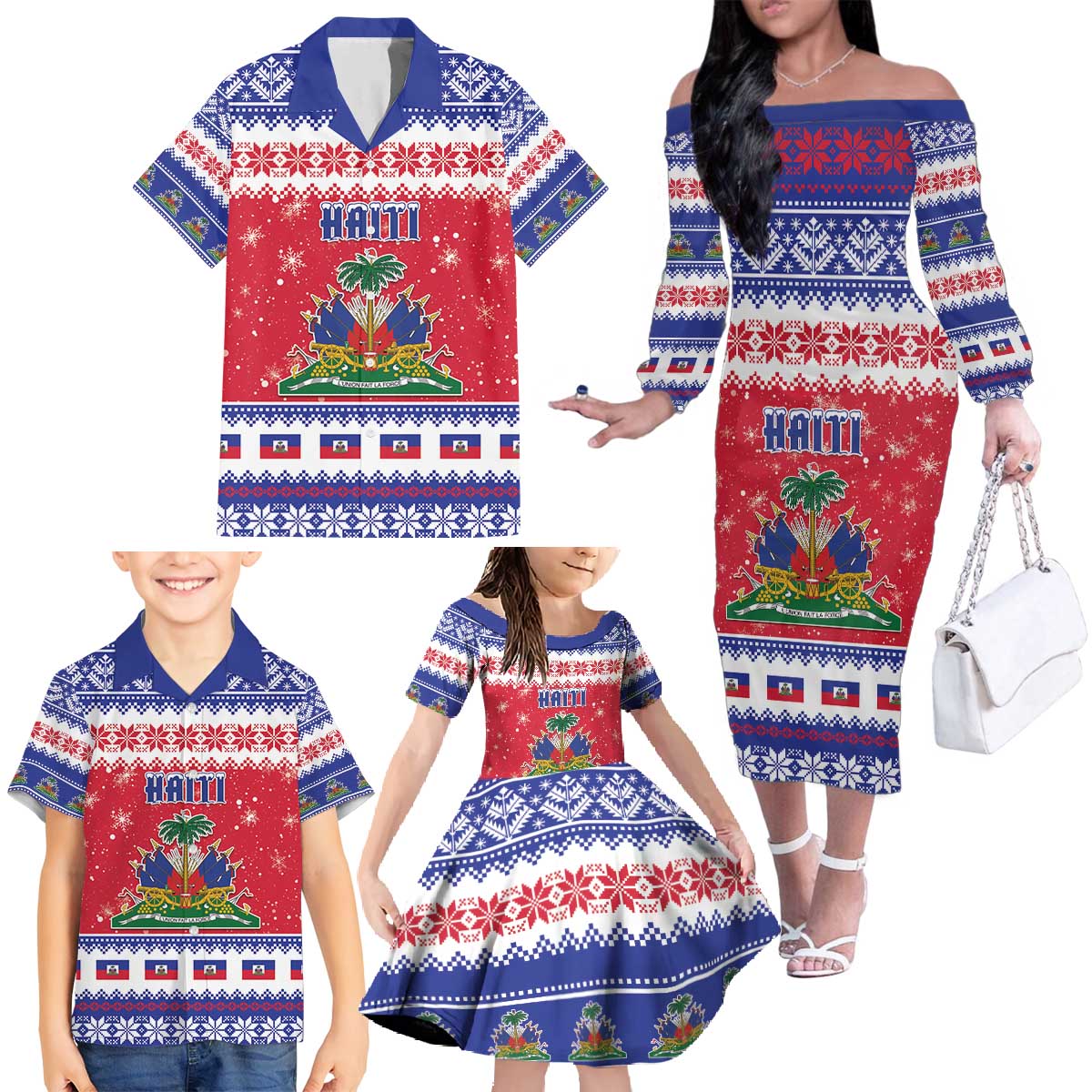 Haiti Christmas Family Matching Off The Shoulder Long Sleeve Dress and Hawaiian Shirt Coat Of Arms Jwaye Nwel - Wonder Print Shop