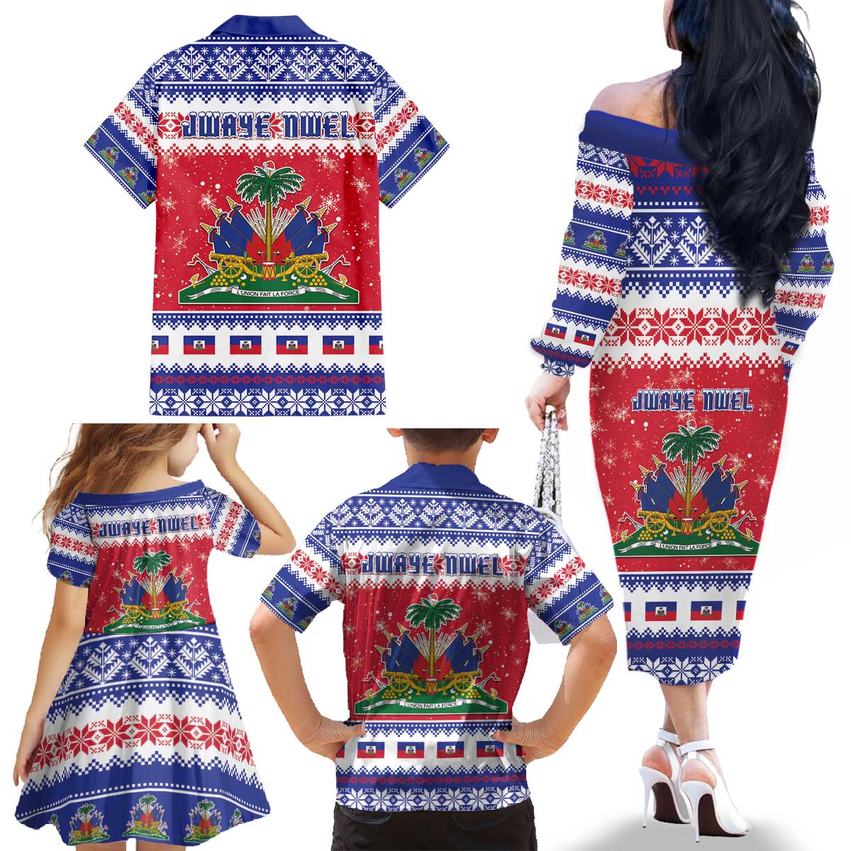 Haiti Christmas Family Matching Off The Shoulder Long Sleeve Dress and Hawaiian Shirt Coat Of Arms Jwaye Nwel - Wonder Print Shop