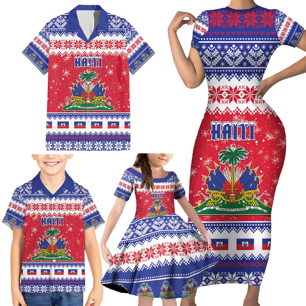 Haiti Christmas Family Matching Short Sleeve Bodycon Dress and Hawaiian Shirt Coat Of Arms Jwaye Nwel - Wonder Print Shop