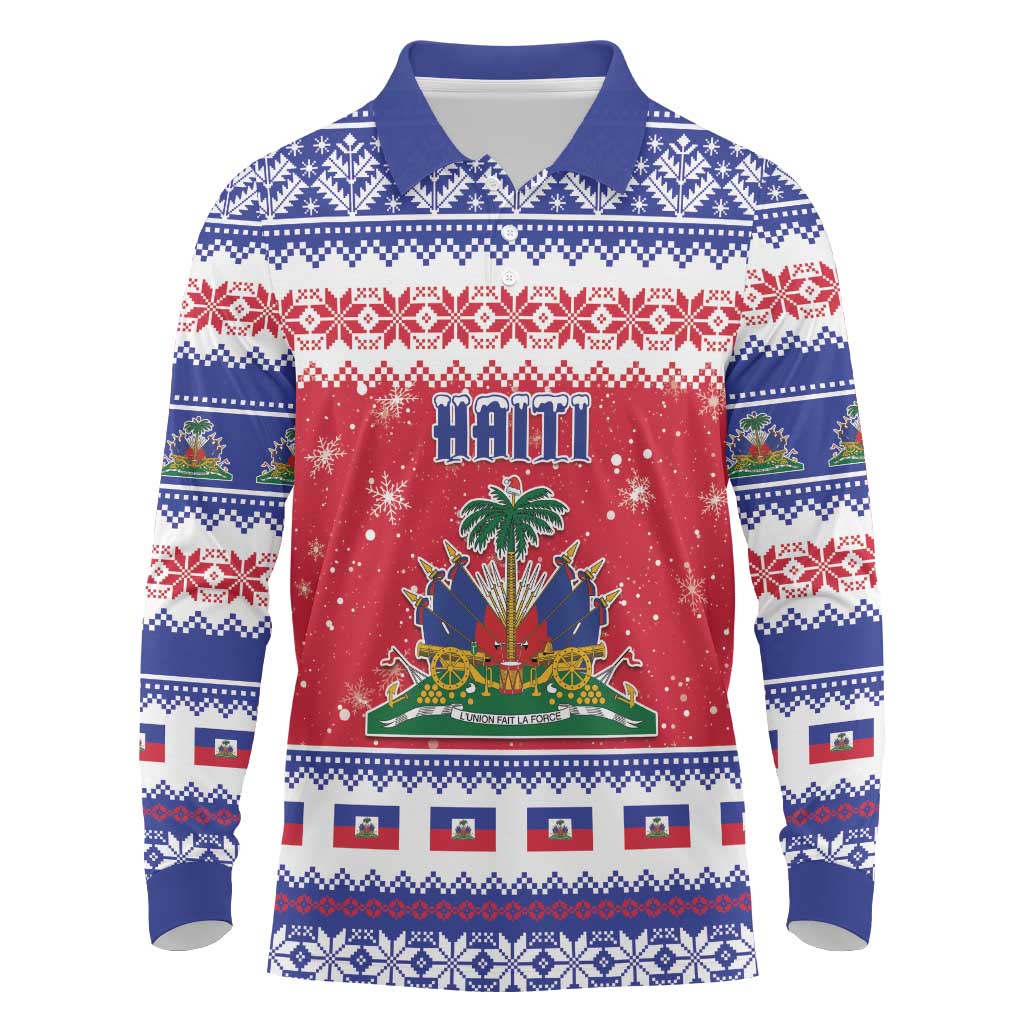 Haiti Christmas Long Sleeve Polo Shirt Coat Of Arms Jwaye Nwel - Wonder Print Shop