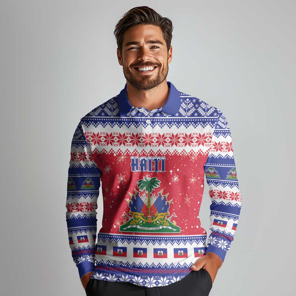 Haiti Christmas Long Sleeve Polo Shirt Coat Of Arms Jwaye Nwel - Wonder Print Shop