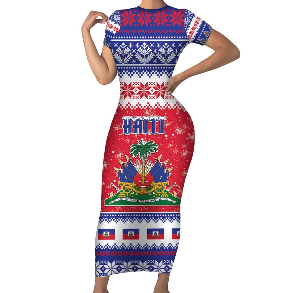 Haiti Christmas Short Sleeve Bodycon Dress Coat Of Arms Jwaye Nwel - Wonder Print Shop