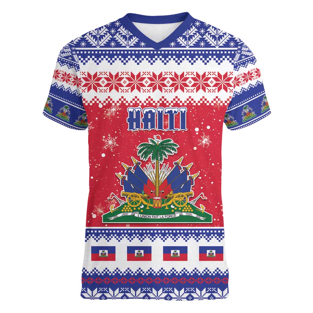 Haiti Christmas Women V-Neck T-Shirt Coat Of Arms Jwaye Nwel - Wonder Print Shop