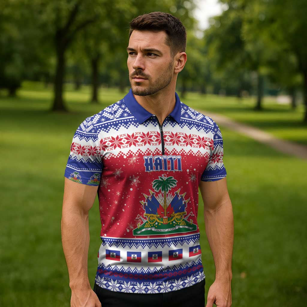 Haiti Christmas Zipper Polo Shirt Coat Of Arms Jwaye Nwel - Wonder Print Shop