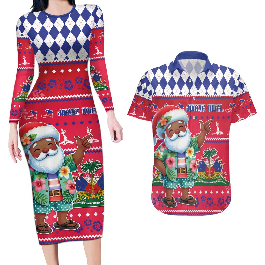 Haiti Christmas Couples Matching Long Sleeve Bodycon Dress and Hawaiian Shirt Haitian Santa Jwaye Nwel - Wonder Print Shop