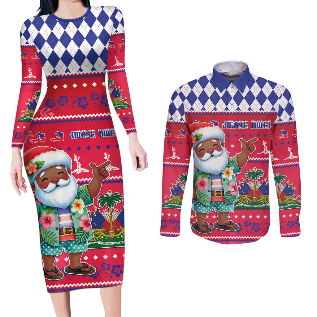 Haiti Christmas Couples Matching Long Sleeve Bodycon Dress and Long Sleeve Button Shirt Haitian Santa Jwaye Nwel - Wonder Print Shop