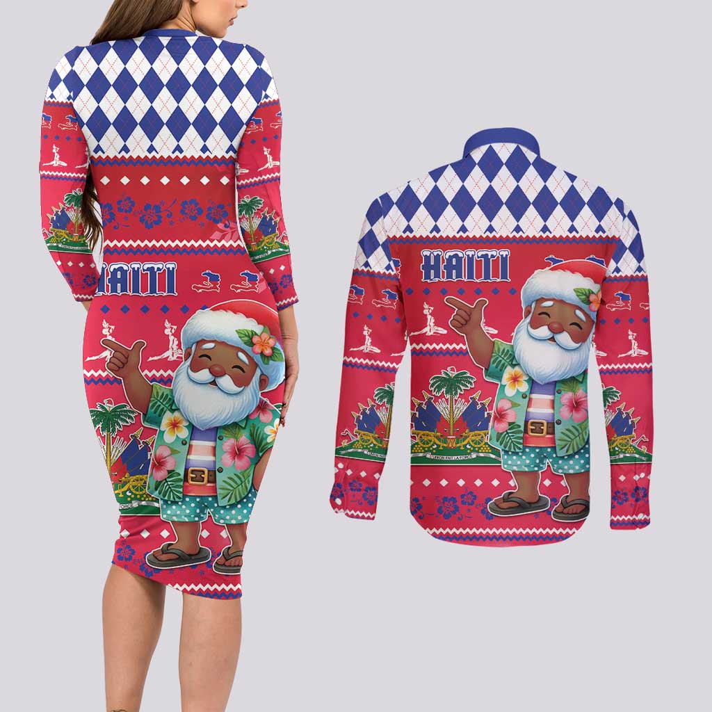 Haiti Christmas Couples Matching Long Sleeve Bodycon Dress and Long Sleeve Button Shirt Haitian Santa Jwaye Nwel - Wonder Print Shop