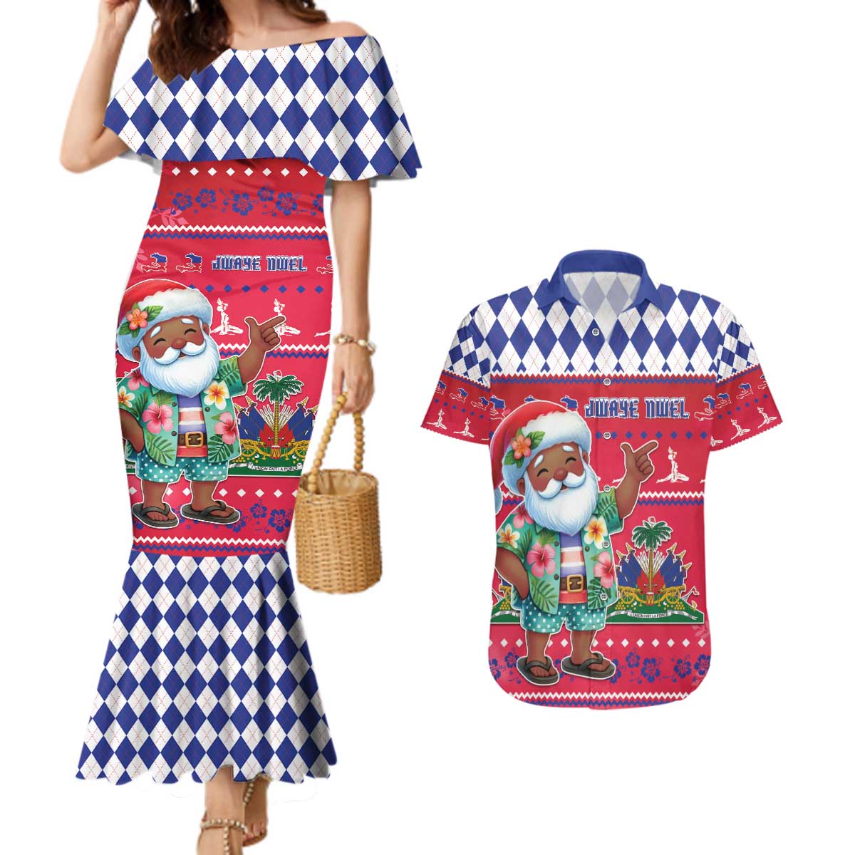 Haiti Christmas Couples Matching Mermaid Dress and Hawaiian Shirt Haitian Santa Jwaye Nwel - Wonder Print Shop