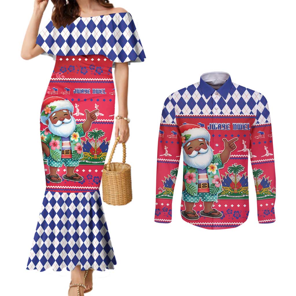 Haiti Christmas Couples Matching Mermaid Dress and Long Sleeve Button Shirt Haitian Santa Jwaye Nwel - Wonder Print Shop