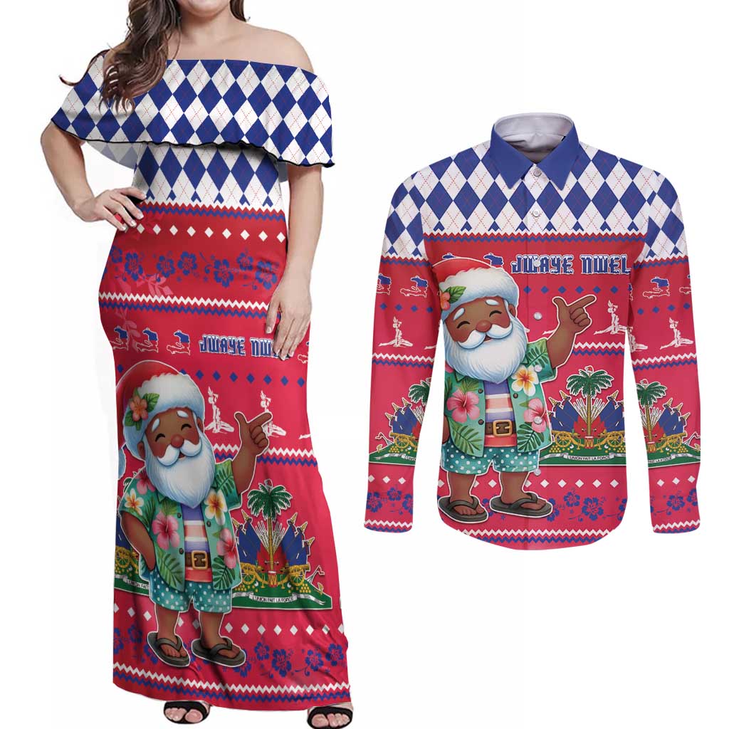 Haiti Christmas Couples Matching Off Shoulder Maxi Dress and Long Sleeve Button Shirt Haitian Santa Jwaye Nwel - Wonder Print Shop