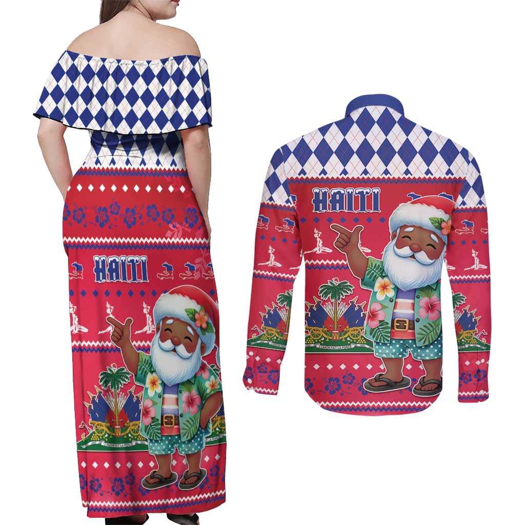 Haiti Christmas Couples Matching Off Shoulder Maxi Dress and Long Sleeve Button Shirt Haitian Santa Jwaye Nwel - Wonder Print Shop