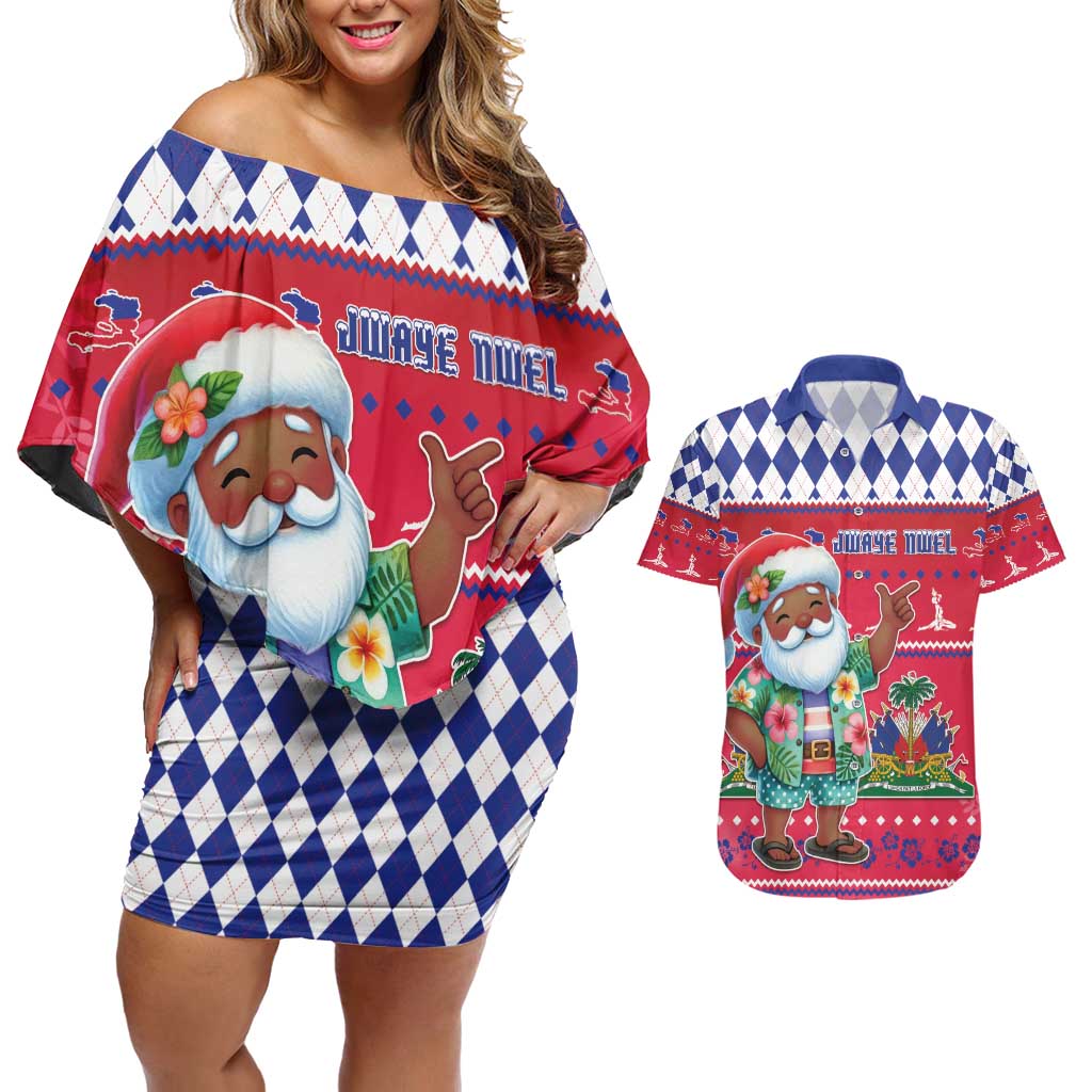 Haiti Christmas Couples Matching Off Shoulder Short Dress and Hawaiian Shirt Haitian Santa Jwaye Nwel - Wonder Print Shop