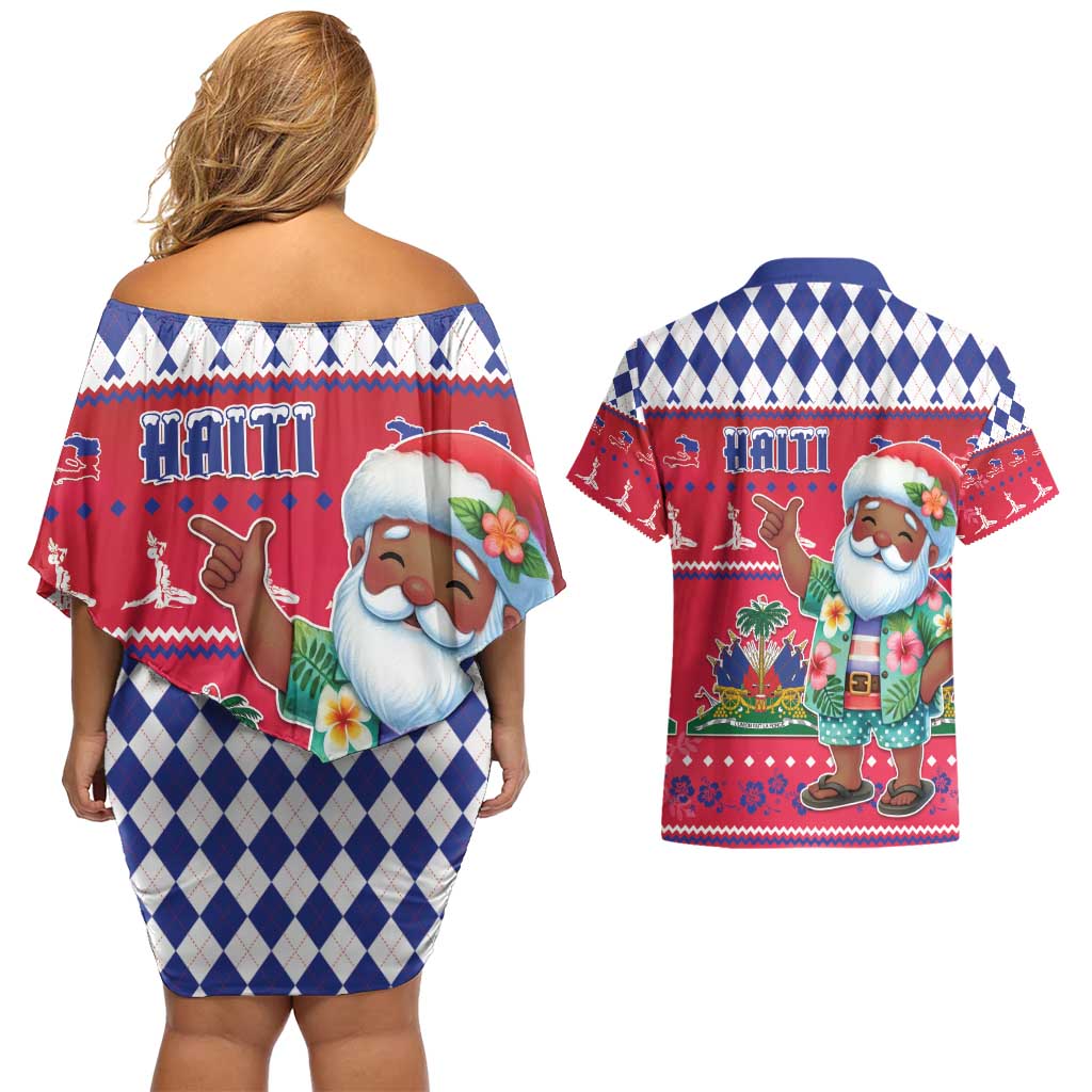 Haiti Christmas Couples Matching Off Shoulder Short Dress and Hawaiian Shirt Haitian Santa Jwaye Nwel - Wonder Print Shop