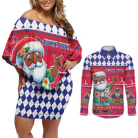 Haiti Christmas Couples Matching Off Shoulder Short Dress and Long Sleeve Button Shirt Haitian Santa Jwaye Nwel - Wonder Print Shop