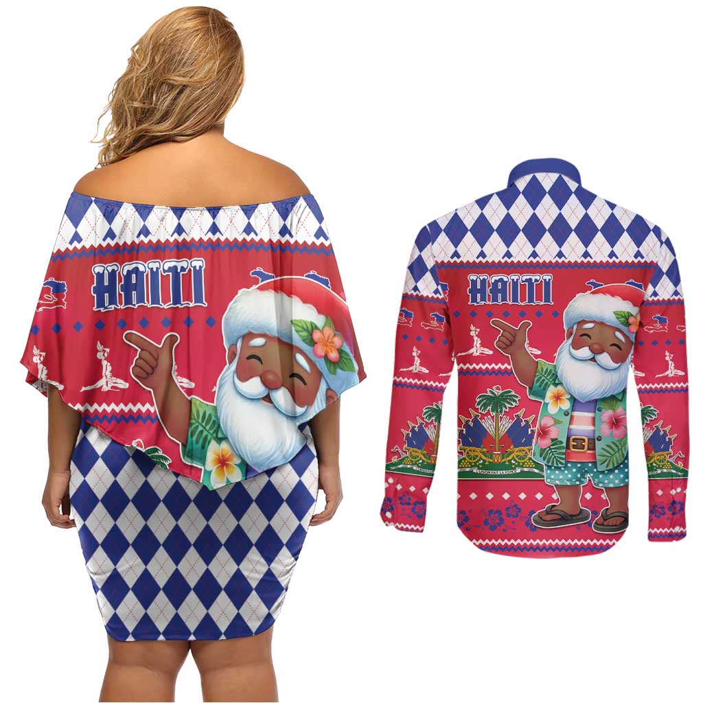 Haiti Christmas Couples Matching Off Shoulder Short Dress and Long Sleeve Button Shirt Haitian Santa Jwaye Nwel - Wonder Print Shop