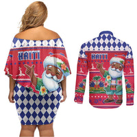 Haiti Christmas Couples Matching Off Shoulder Short Dress and Long Sleeve Button Shirt Haitian Santa Jwaye Nwel - Wonder Print Shop
