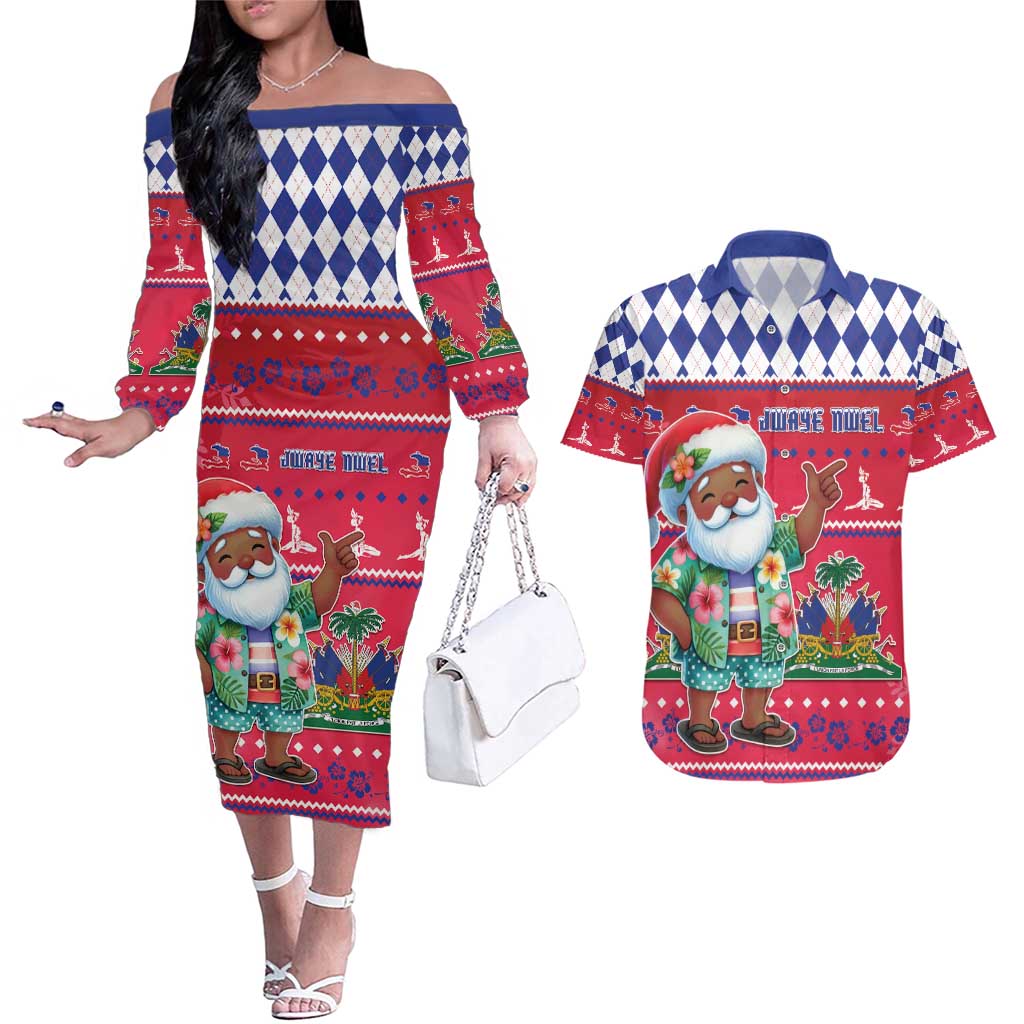 Haiti Christmas Couples Matching Off The Shoulder Long Sleeve Dress and Hawaiian Shirt Haitian Santa Jwaye Nwel - Wonder Print Shop