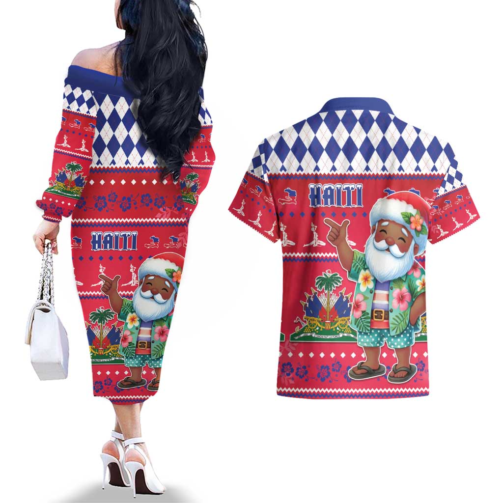 Haiti Christmas Couples Matching Off The Shoulder Long Sleeve Dress and Hawaiian Shirt Haitian Santa Jwaye Nwel - Wonder Print Shop