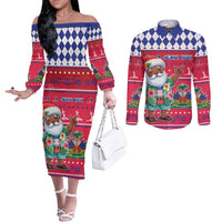 Haiti Christmas Couples Matching Off The Shoulder Long Sleeve Dress and Long Sleeve Button Shirt Haitian Santa Jwaye Nwel - Wonder Print Shop