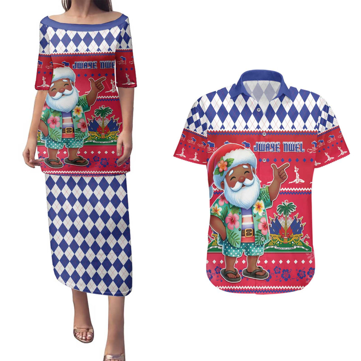 Haiti Christmas Couples Matching Puletasi and Hawaiian Shirt Haitian Santa Jwaye Nwel - Wonder Print Shop