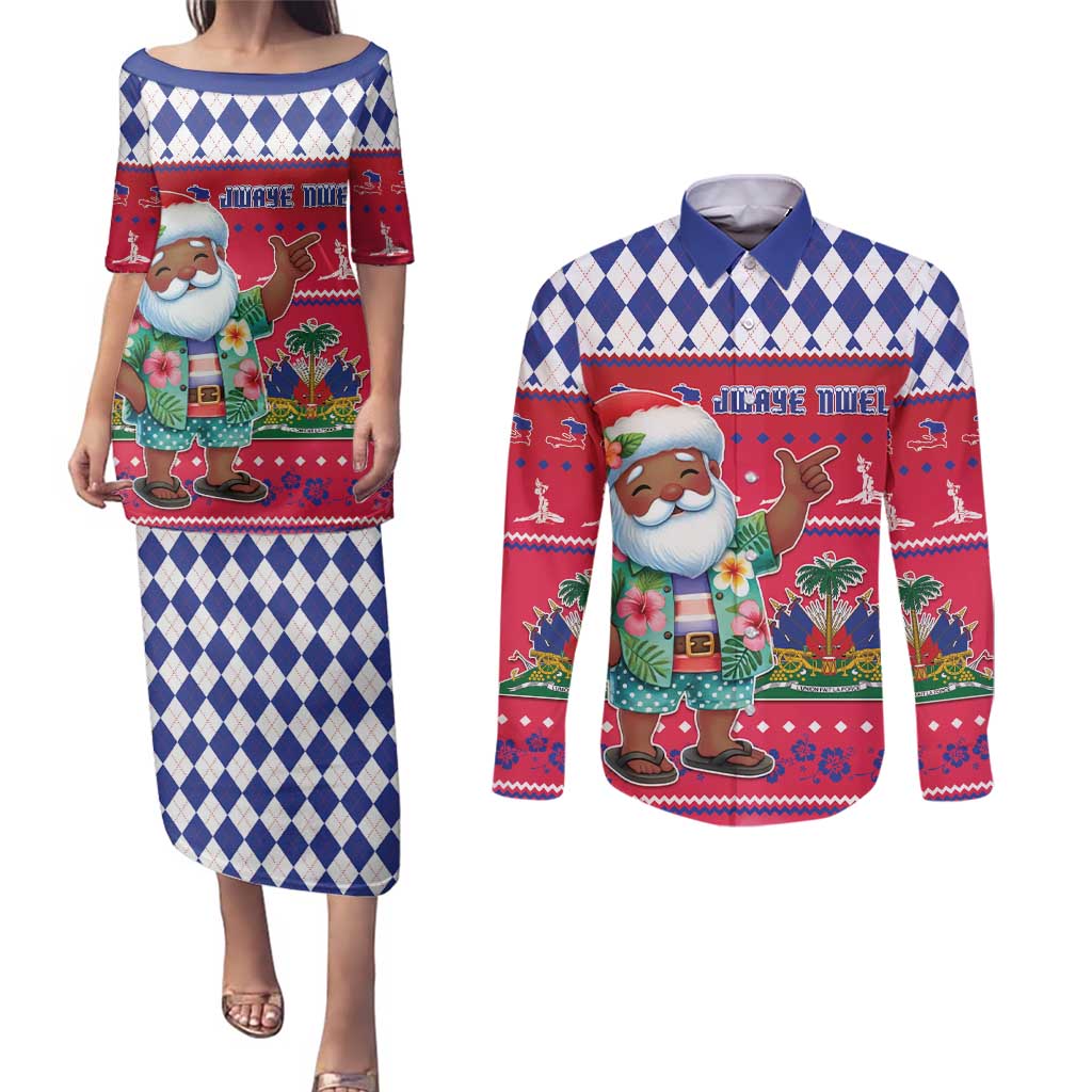 Haiti Christmas Couples Matching Puletasi and Long Sleeve Button Shirt Haitian Santa Jwaye Nwel - Wonder Print Shop