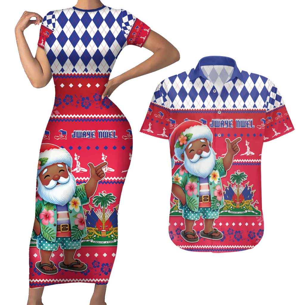 Haiti Christmas Couples Matching Short Sleeve Bodycon Dress and Hawaiian Shirt Haitian Santa Jwaye Nwel - Wonder Print Shop