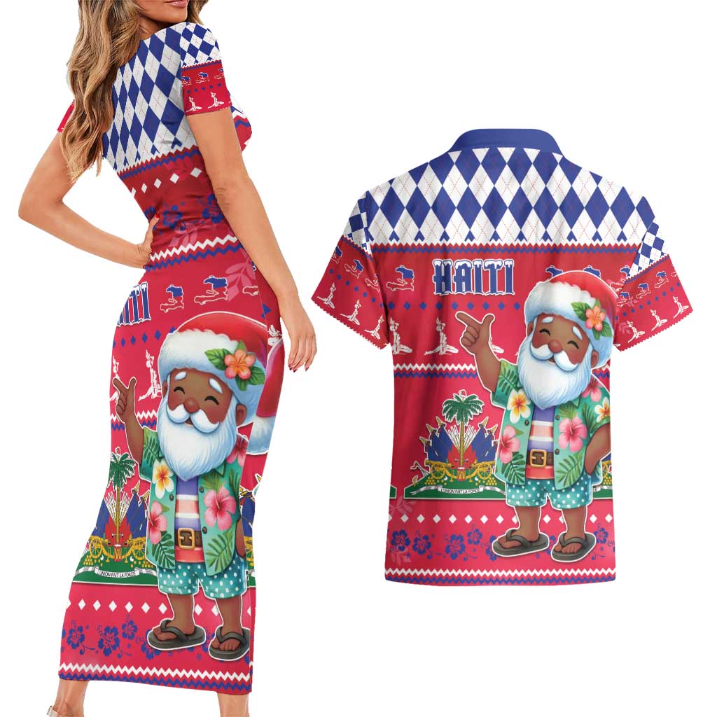 Haiti Christmas Couples Matching Short Sleeve Bodycon Dress and Hawaiian Shirt Haitian Santa Jwaye Nwel - Wonder Print Shop