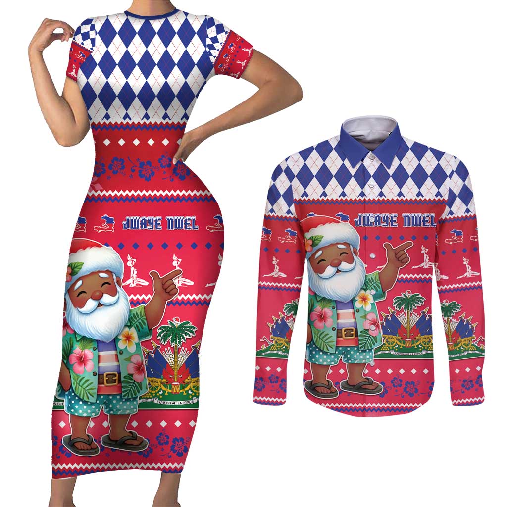 Haiti Christmas Couples Matching Short Sleeve Bodycon Dress and Long Sleeve Button Shirt Haitian Santa Jwaye Nwel - Wonder Print Shop