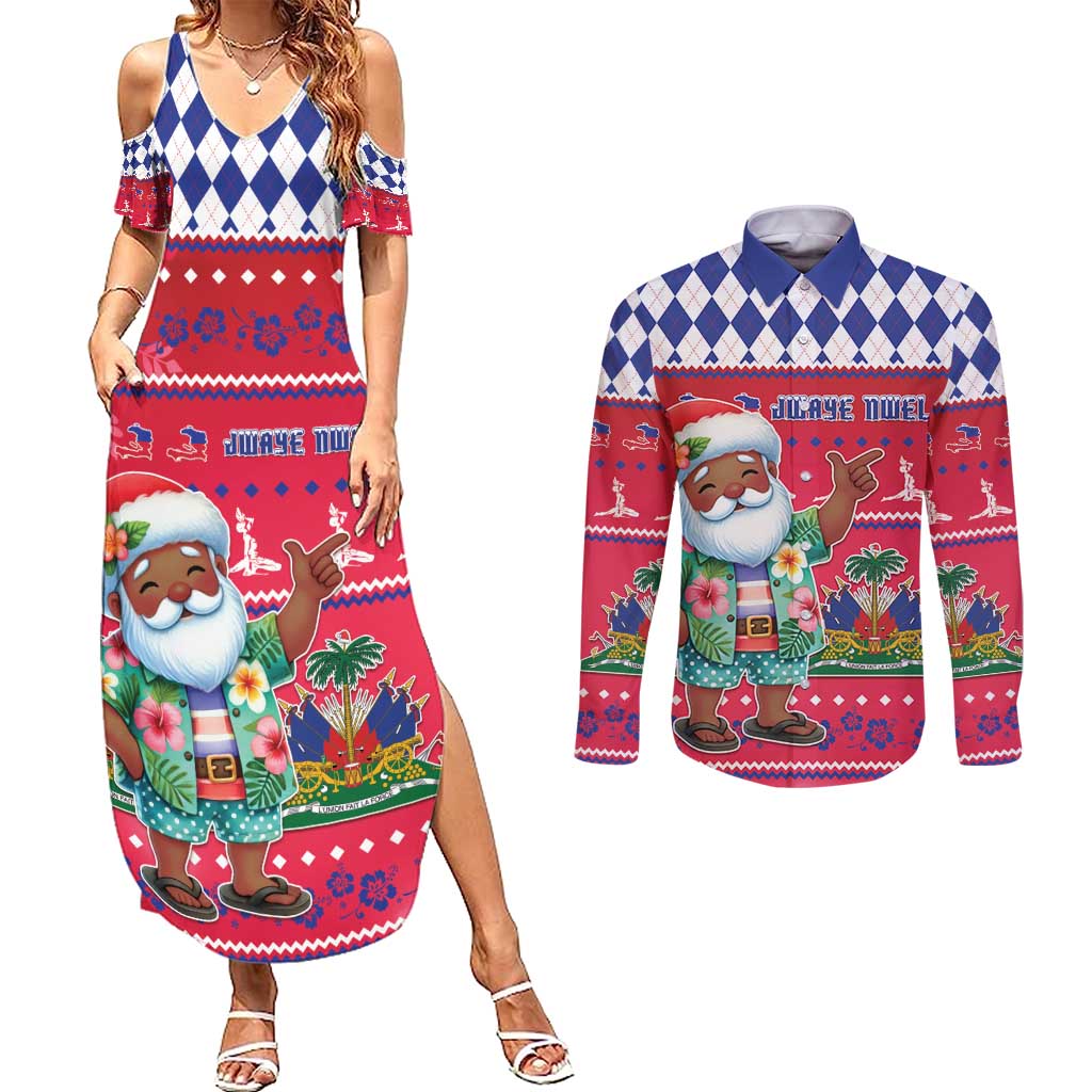 Haiti Christmas Couples Matching Summer Maxi Dress and Long Sleeve Button Shirt Haitian Santa Jwaye Nwel - Wonder Print Shop