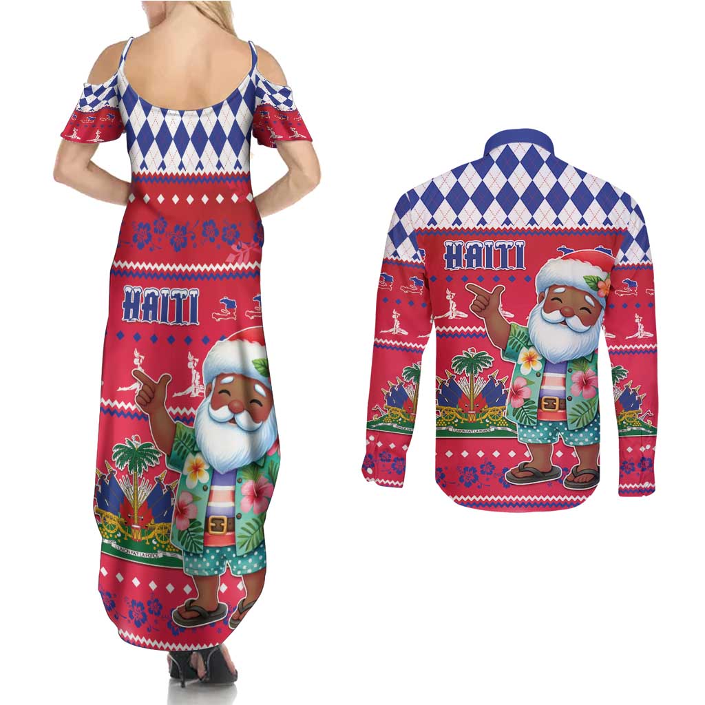 Haiti Christmas Couples Matching Summer Maxi Dress and Long Sleeve Button Shirt Haitian Santa Jwaye Nwel - Wonder Print Shop